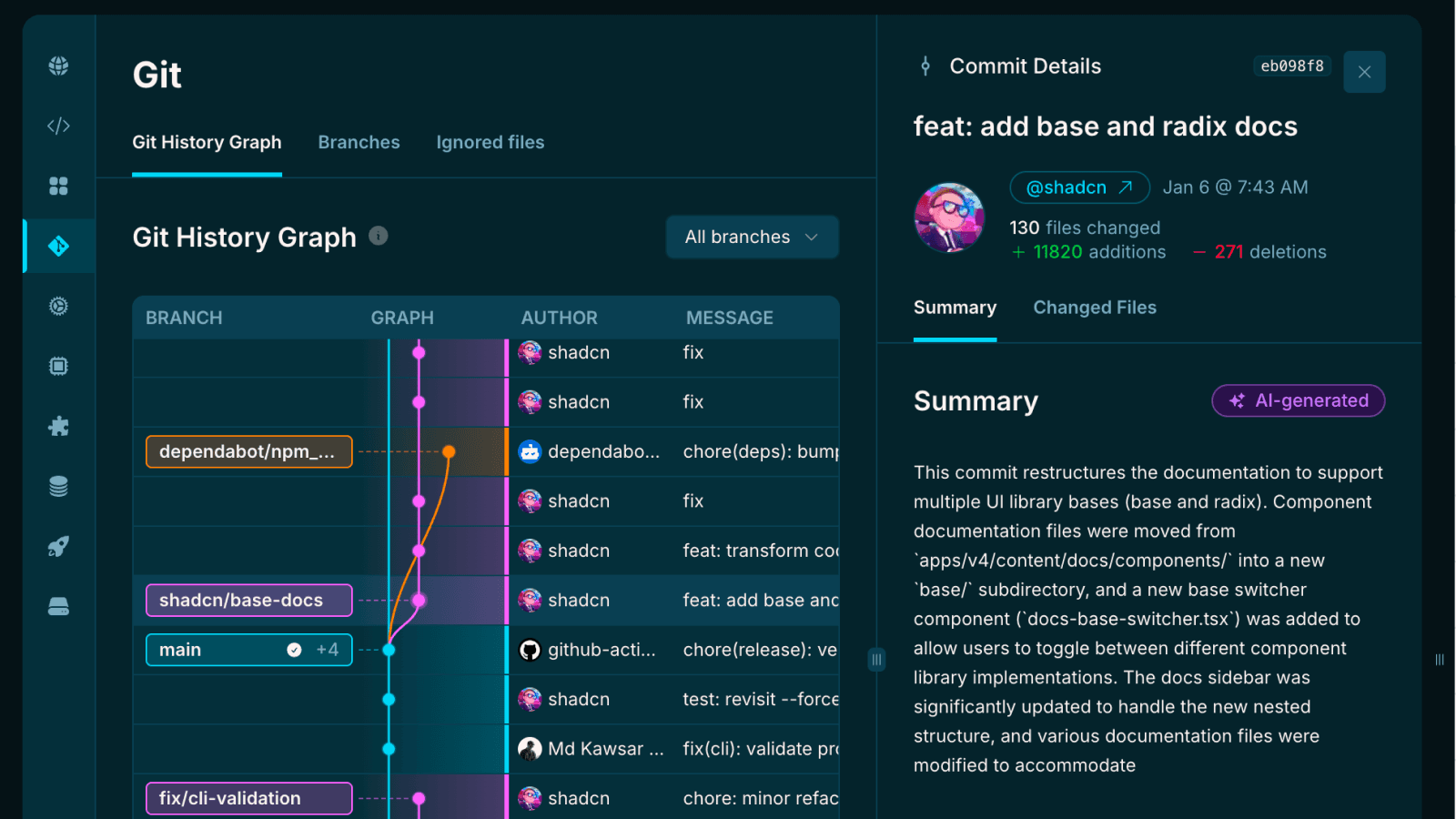Screenshot of git history visualization feature