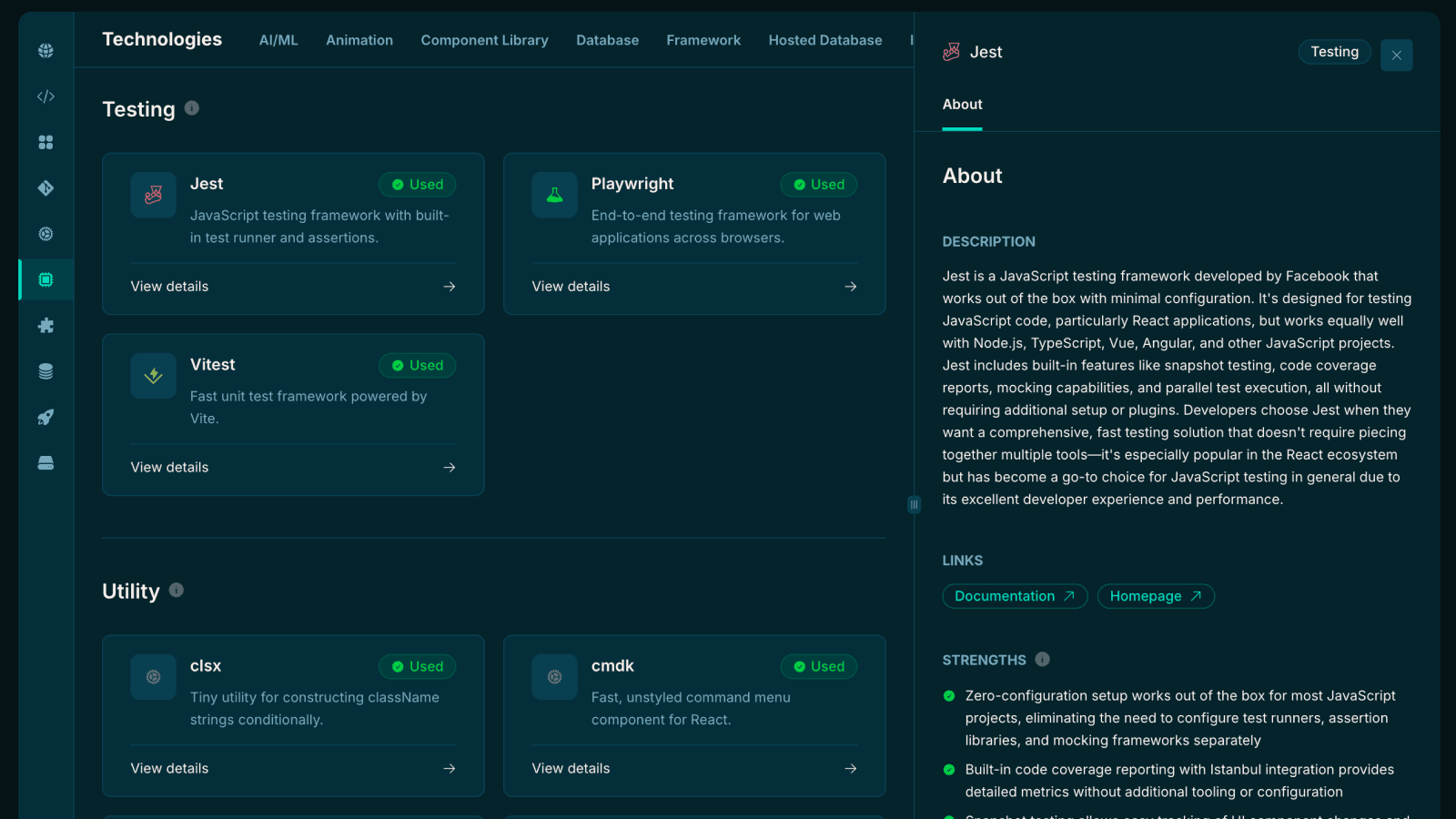 Screenshot of technology detection feature